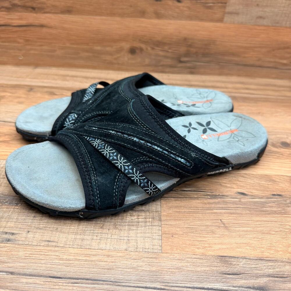 Merrell Terran Women's 9 Post Toe II Black Suede Lilac Slip-On Slide Sandals